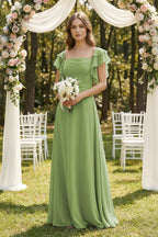 Robe demoiselle d’honneur matcha longue à épaules dénudées manches courtes plissée - Harana
