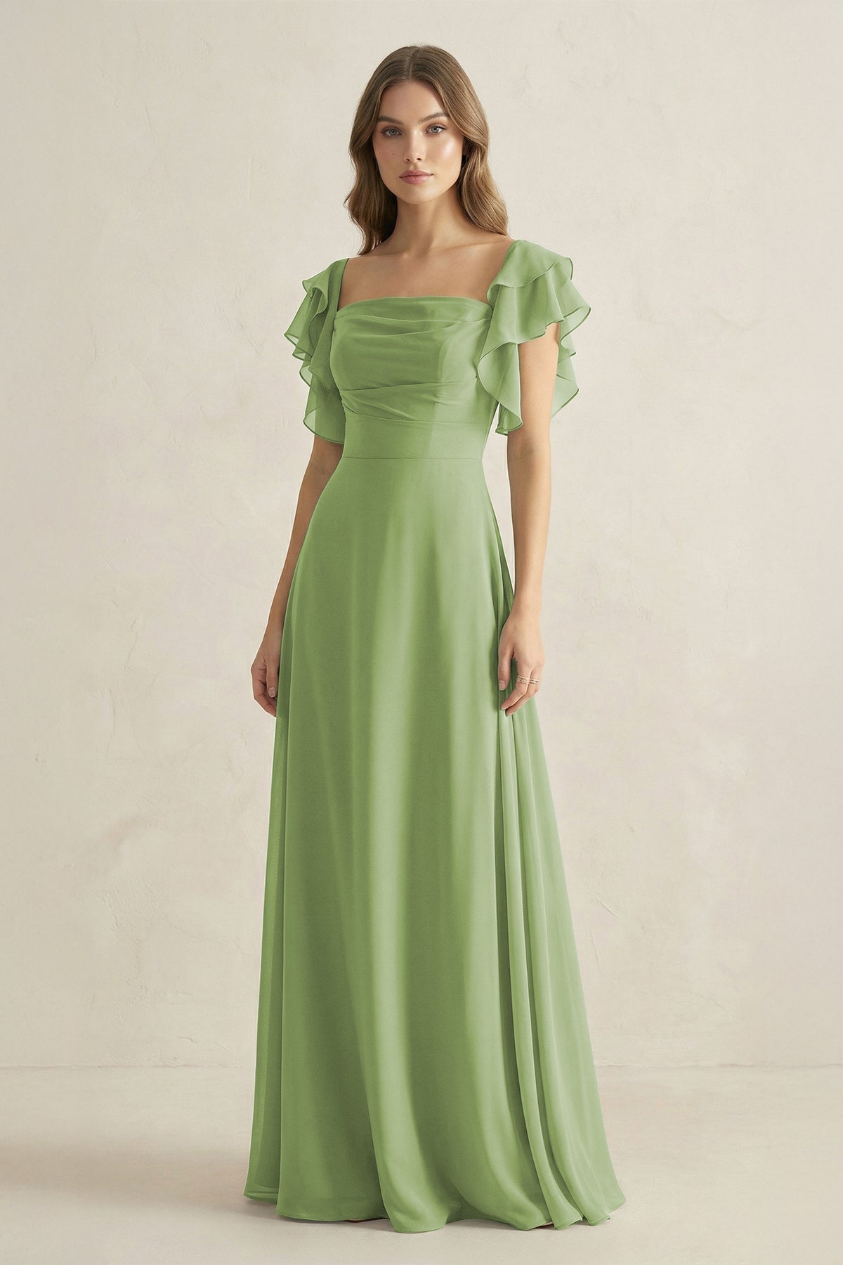 Robe demoiselle d’honneur matcha longue à épaules dénudées manches courtes plissée - Harana