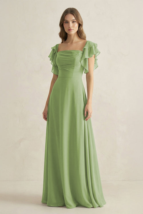 Robe de demoiselle d’honneur vert matcha longue en mousseline coupe trapèze ornée de volants - Harana