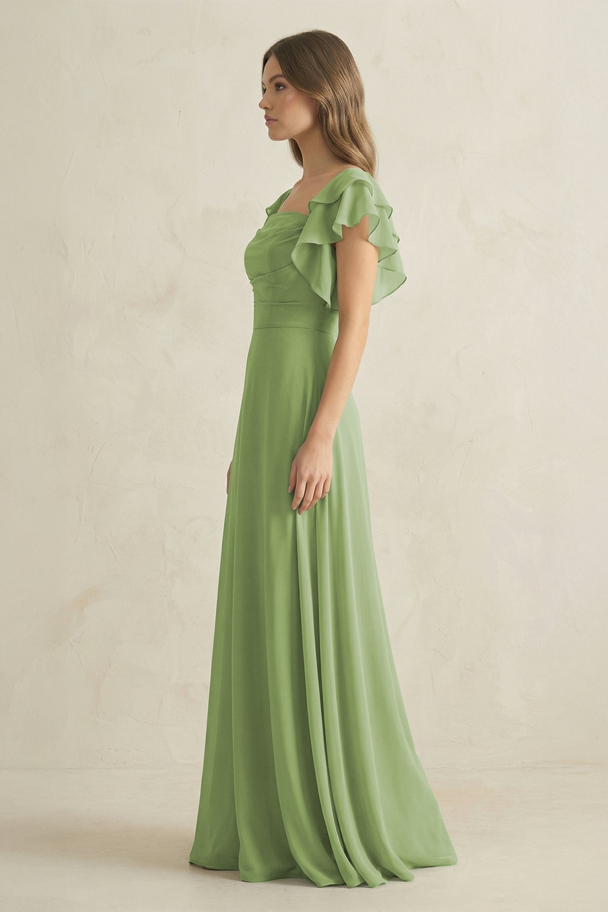 Robe demoiselle d’honneur matcha longue à épaules dénudées manches courtes plissée - Harana