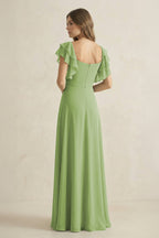 Robe demoiselle d’honneur matcha longue à épaules dénudées manches courtes plissée - Harana