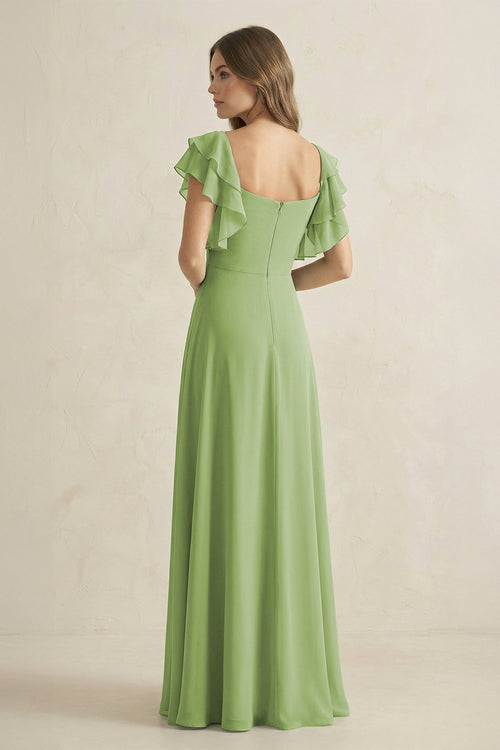 Robe de demoiselle d’honneur vert matcha longue en mousseline coupe trapèze ornée de volants - Harana
