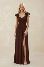 Robe demoiselle d’honneur espresso longue sans manches avec fente à volants - Harana