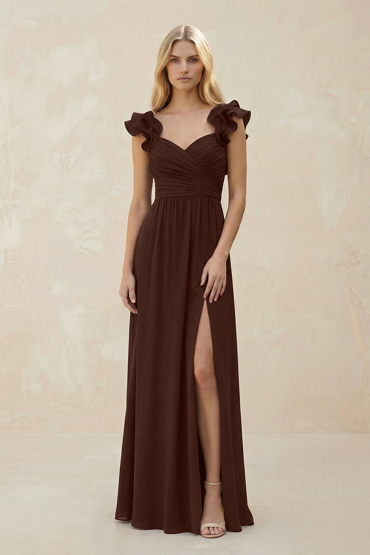 Robe demoiselle d’honneur espresso longue sans manches avec fente à volants - Harana