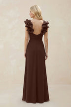 Robe demoiselle d’honneur espresso longue sans manches avec fente à volants - Harana