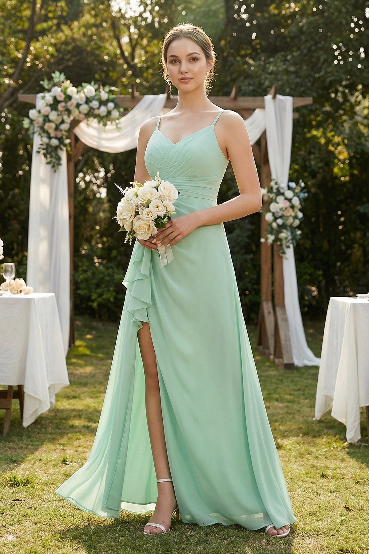 Robe demoiselle d’honneur pale pistachio longue à fines bretelles sans manches avec fente - Harana