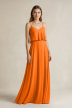 Robe longue orange en mousseline coupe trapèze à volants à fines bretelles - Harana