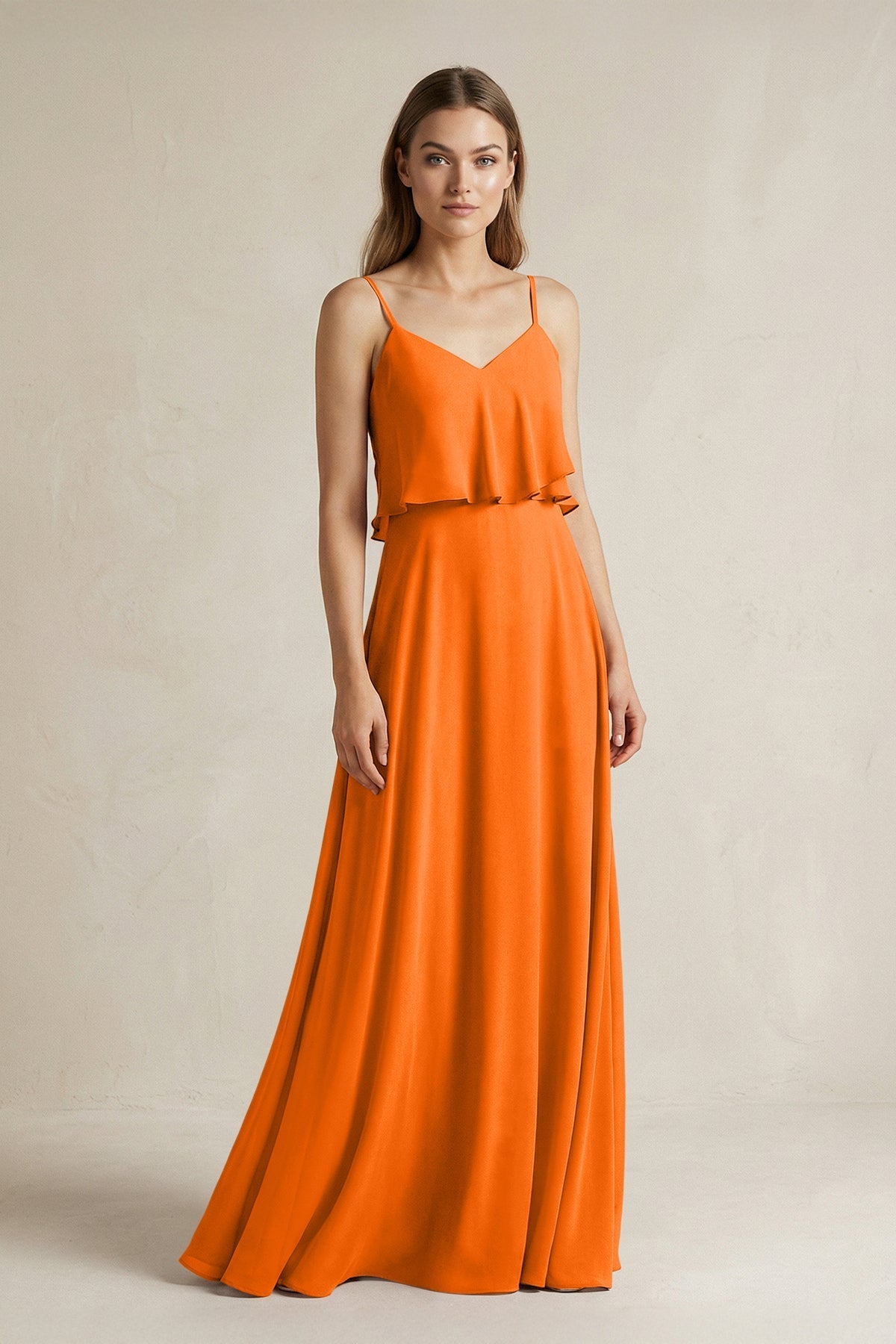 Robe longue orange en mousseline coupe trapèze à volants à fines bretelles - Harana