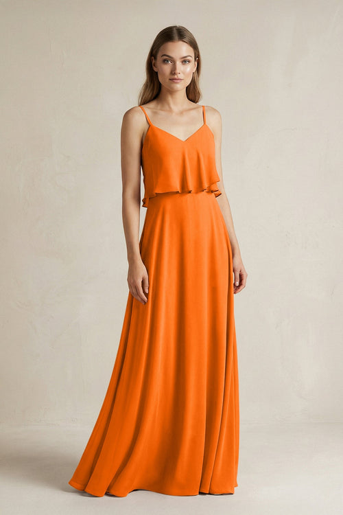 Robe de demoiselle d’honneur orange cannelle longue en mousseline coupe trapèze à fines bretelles et volants - Harana