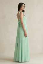 Robe demoiselle d’honneur pale pistachio longue à fines bretelles sans manches plissée - Harana
