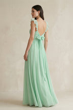 Robe demoiselle d’honneur pale pistachio longue à fines bretelles sans manches plissée - Harana