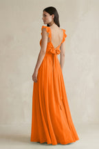 Robe longue orange en mousseline coupe trapèze à volants à fines bretelles - Harana