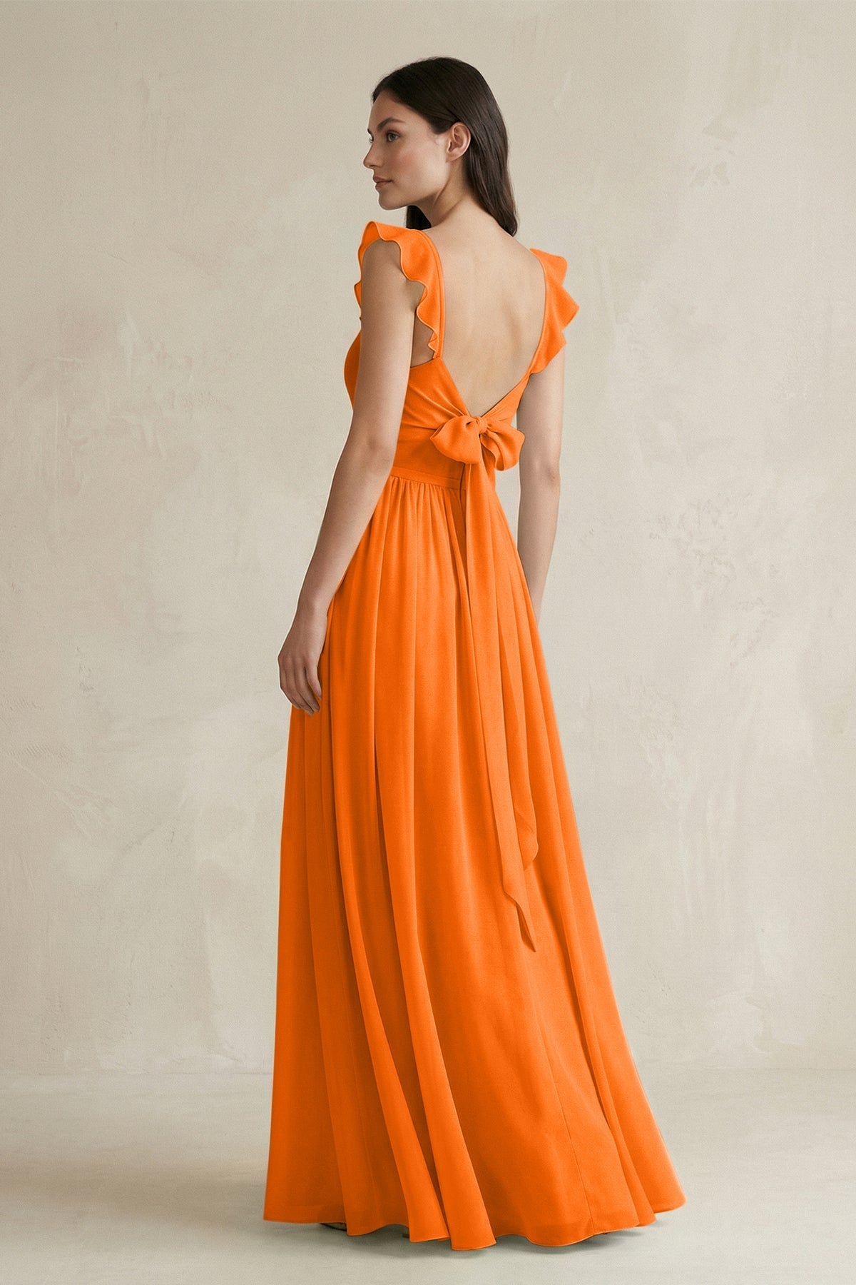 Robe longue orange en mousseline coupe trapèze à volants à fines bretelles - Harana