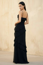 Robe longue noir à fines bretelles à volants - Harana