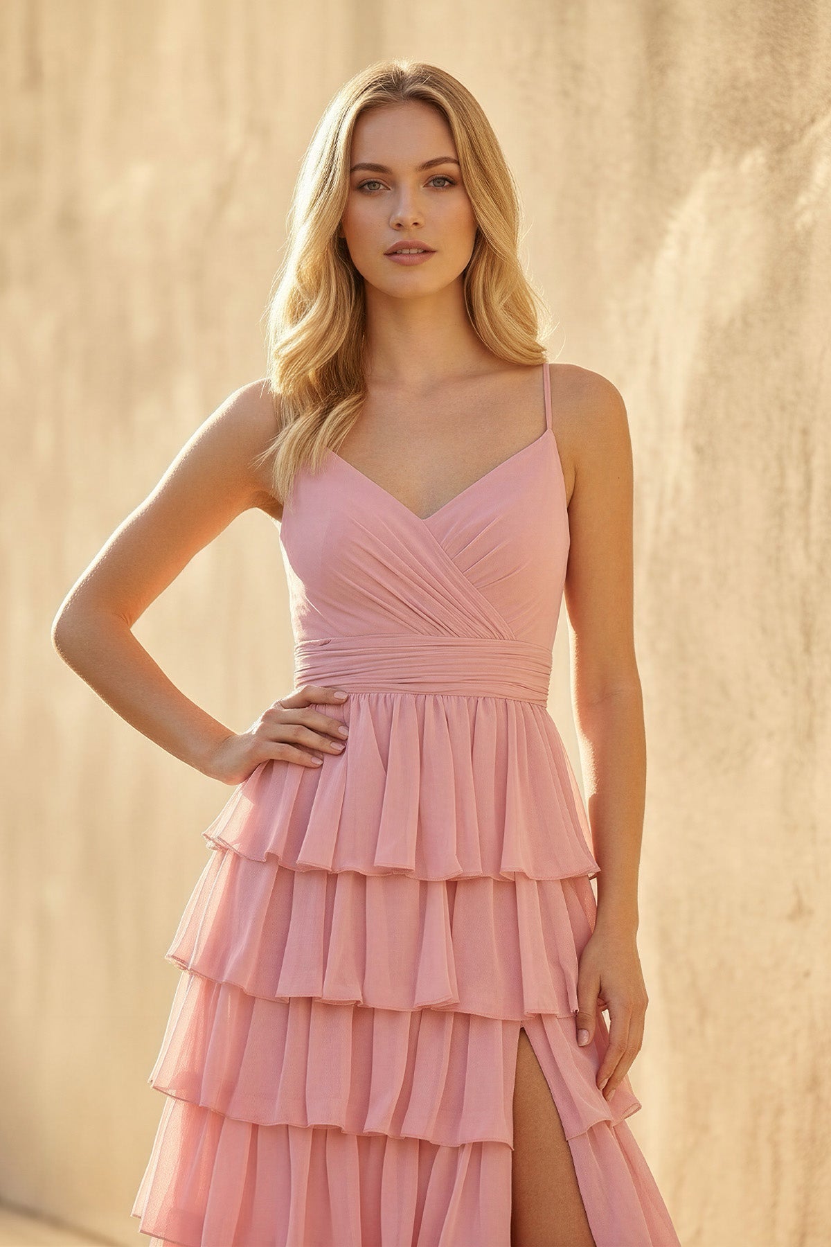 Robe longue rose à fines bretelles à volants - Harana
