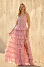 Robe longue rose à fines bretelles à volants - Harana