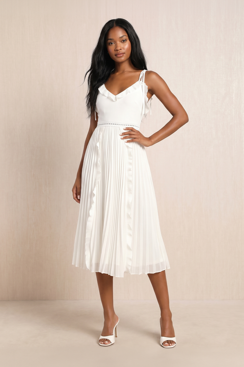 Robe blanche midi coupe fourreau à fines bretelles ornée de volants - Harana