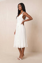 Robe blanche midi coupe fourreau à fines bretelles ornée de volants - Harana