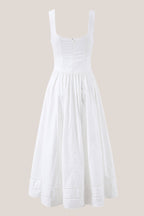 Robe blanche midi en coton coupe trapèze à encolure carrée ornée de volants - Harana