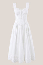 Robe blanche midi en coton coupe trapèze à encolure carrée ornée de volants - Harana