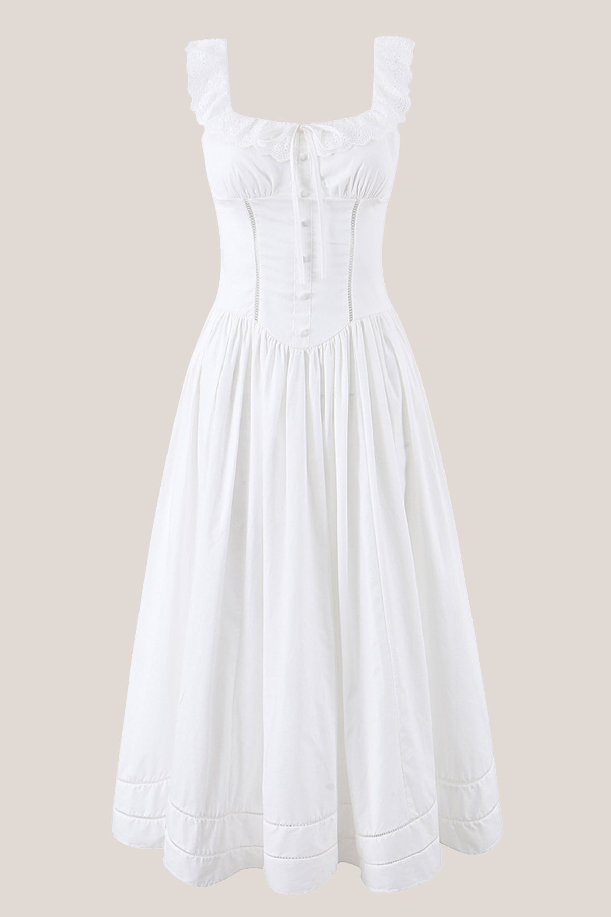 Robe blanche midi en coton coupe trapèze à encolure carrée ornée de volants - Harana