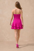 Robe fuchsia courte coupe trapèze bustier ornée de volants - Harana