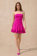 Robe fuchsia courte coupe trapèze bustier ornée de volants - Harana