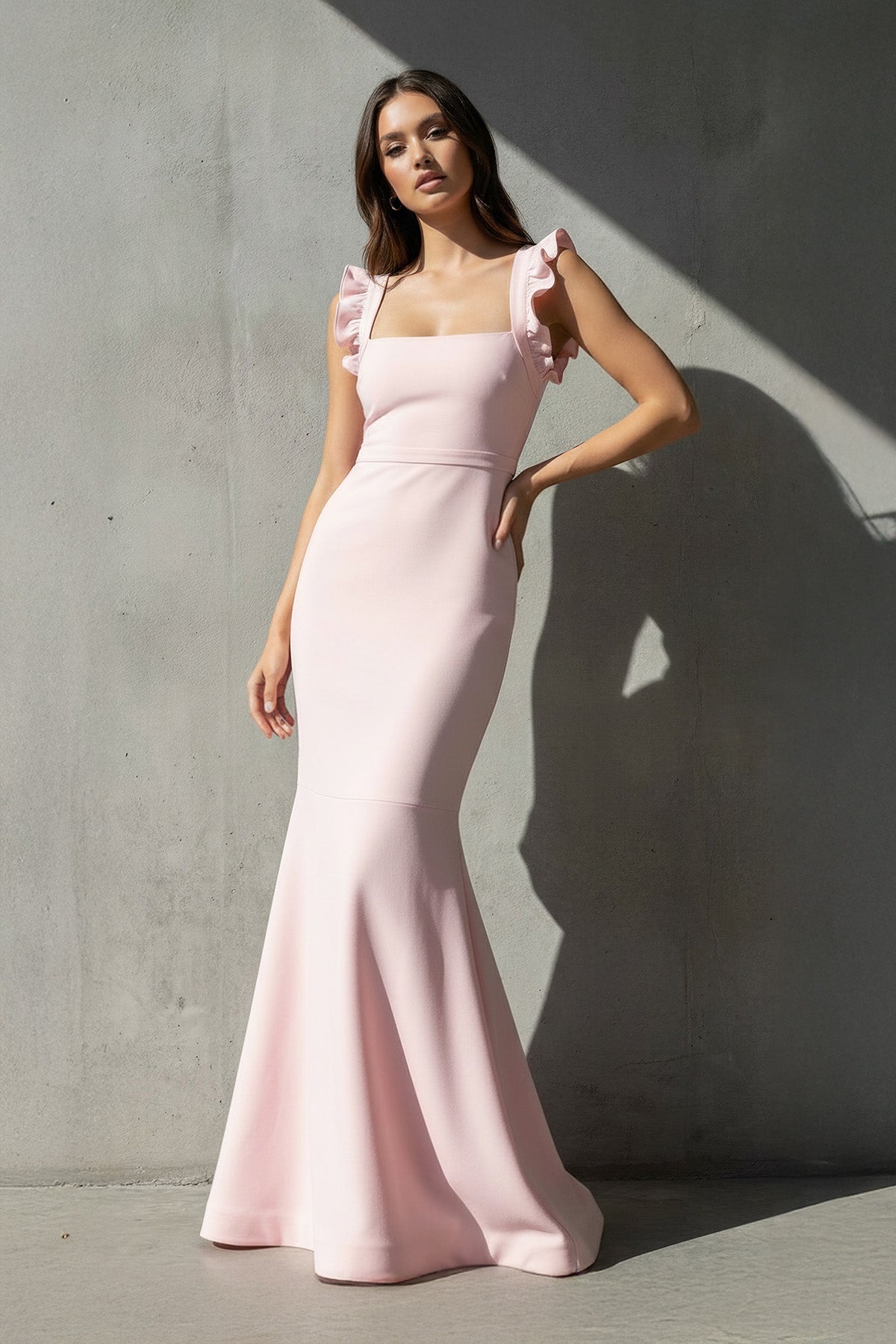 Robe longue rose coupe sirène à volants - Harana