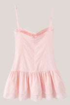 Robe rose courte en coton coupe trapèze à décolleté cœur ornée de volants - Harana
