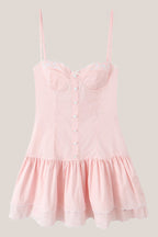 Robe rose courte en coton coupe trapèze à décolleté cœur ornée de volants - Harana