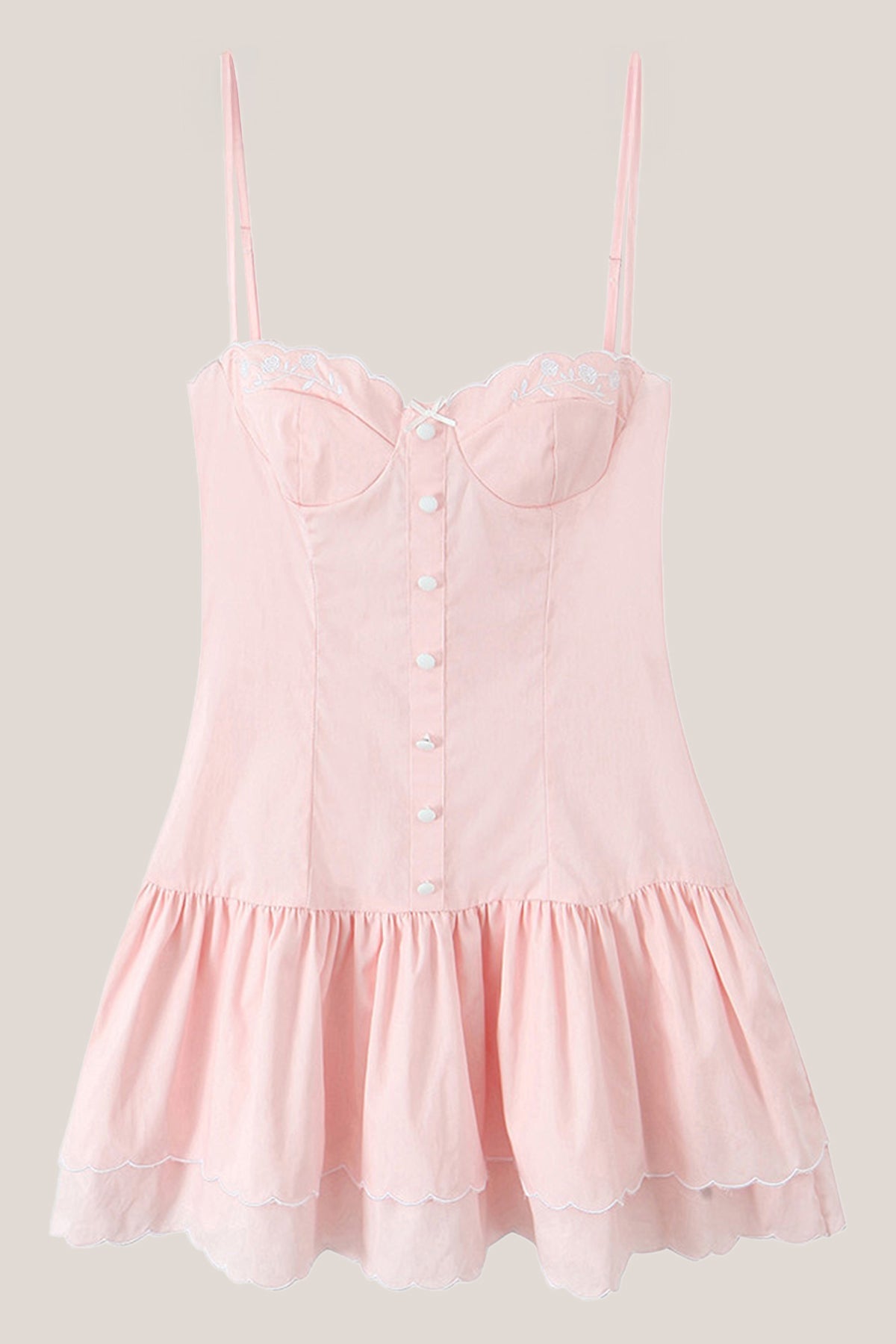 Robe rose courte en coton coupe trapèze à décolleté cœur ornée de volants - Harana