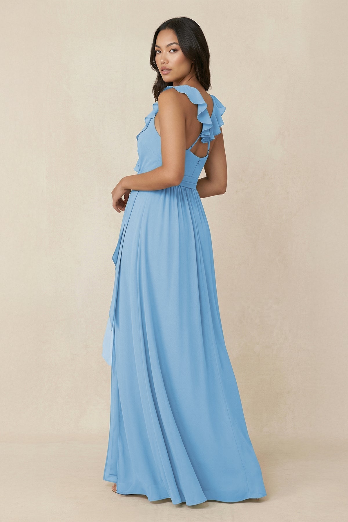 Robe demoiselle d’honneur bleu acier longue col V sans manches avec fente - Harana