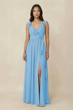 Robe demoiselle d’honneur bleu acier longue col V sans manches avec fente - Harana