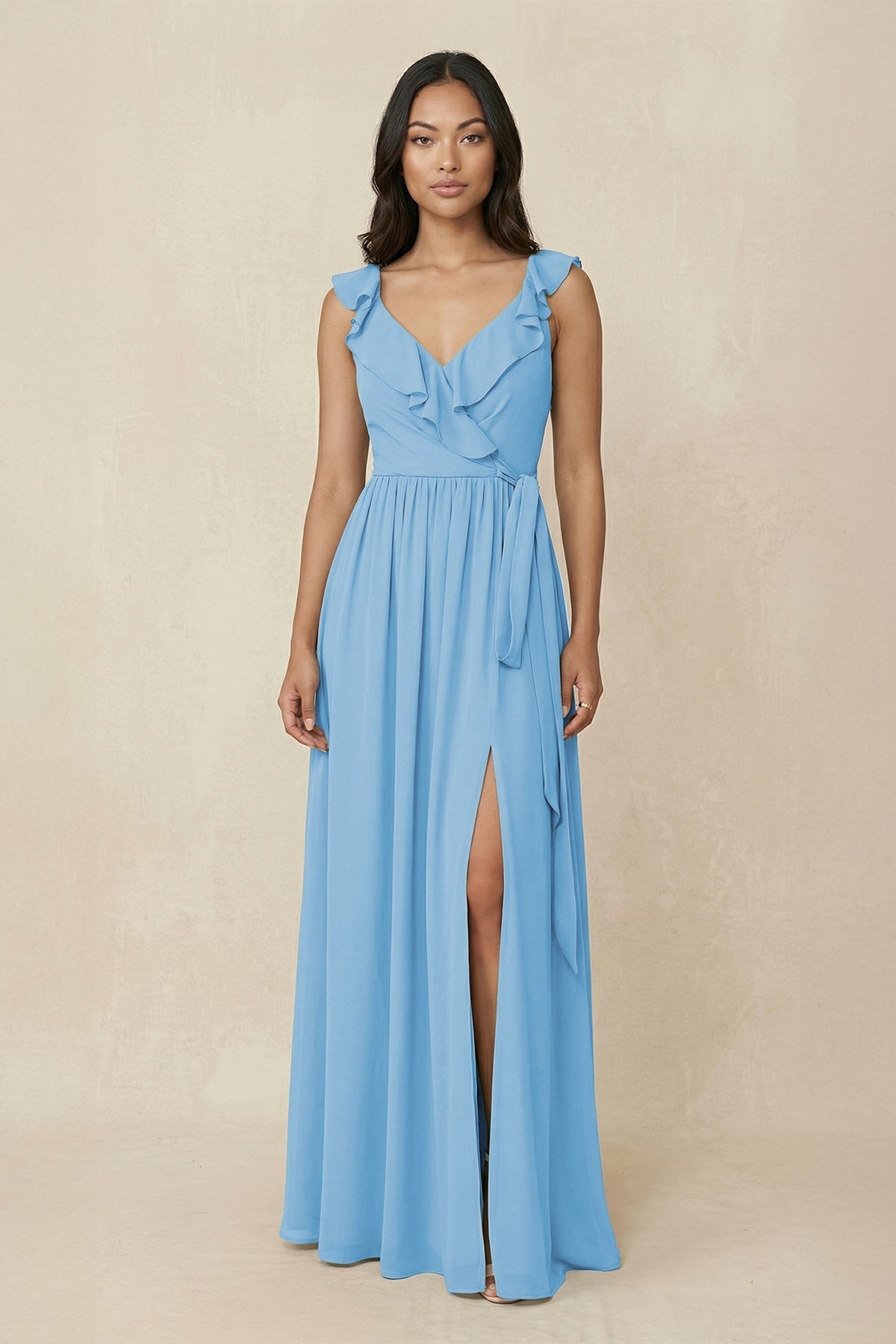 Robe demoiselle d’honneur bleu acier longue col V sans manches avec fente - Harana