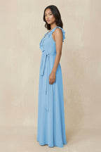 Robe demoiselle d’honneur bleu acier longue col V sans manches avec fente - Harana