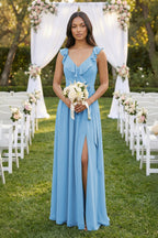 Robe demoiselle d’honneur bleu acier longue col V sans manches avec fente - Harana
