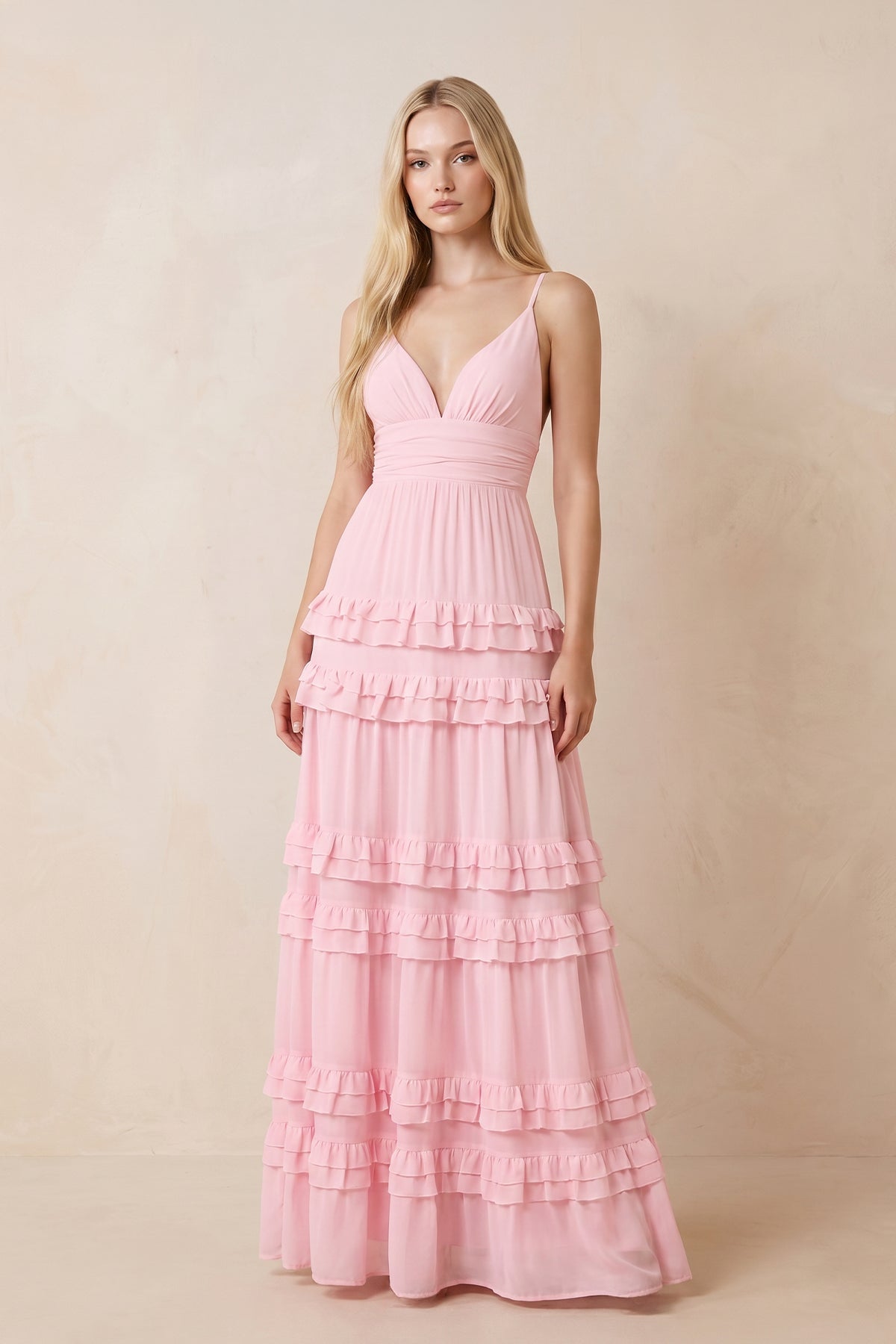 Robe rose longue en mousseline coupe trapèze à col V ornée de volants - Harana