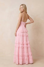 Robe rose longue en mousseline coupe trapèze à col V ornée de volants - Harana