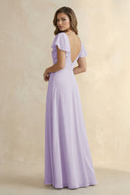 Robe demoiselle d’honneur lavande longue col V manches courtes effet drapé - Harana