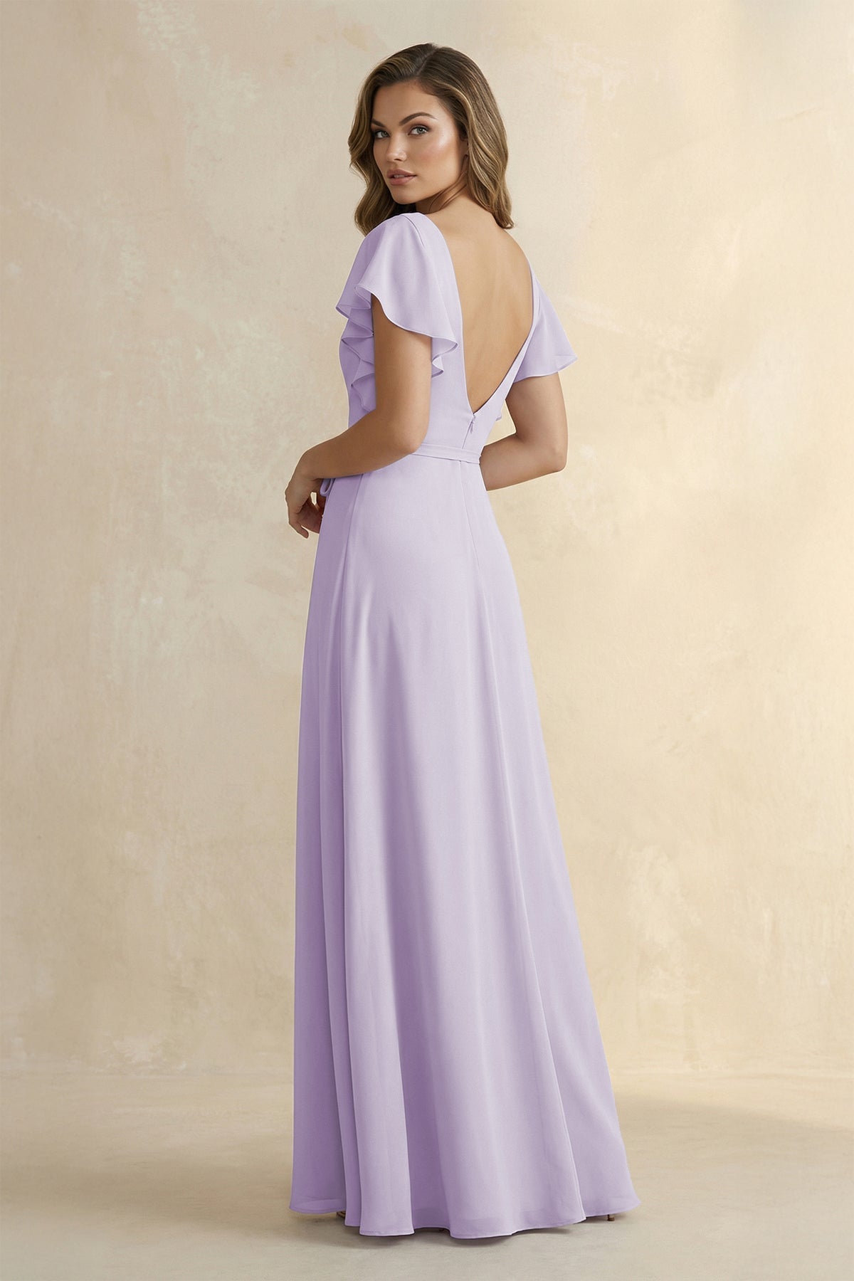 Robe demoiselle d’honneur lavande longue col V manches courtes effet drapé - Harana
