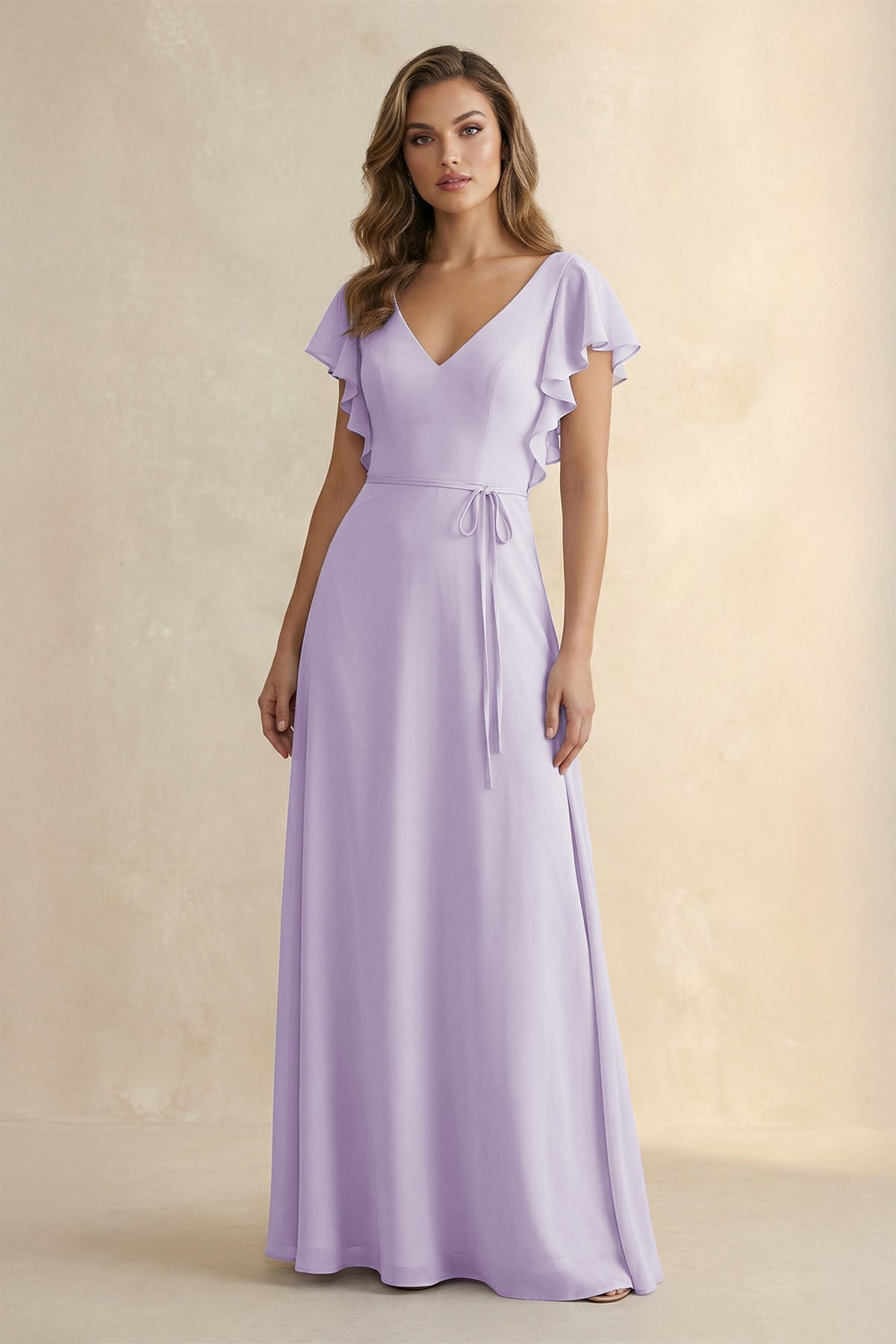 Robe demoiselle d’honneur lavande longue col V manches courtes effet drapé - Harana