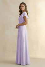 Robe demoiselle d’honneur lavande longue col V manches courtes effet drapé - Harana