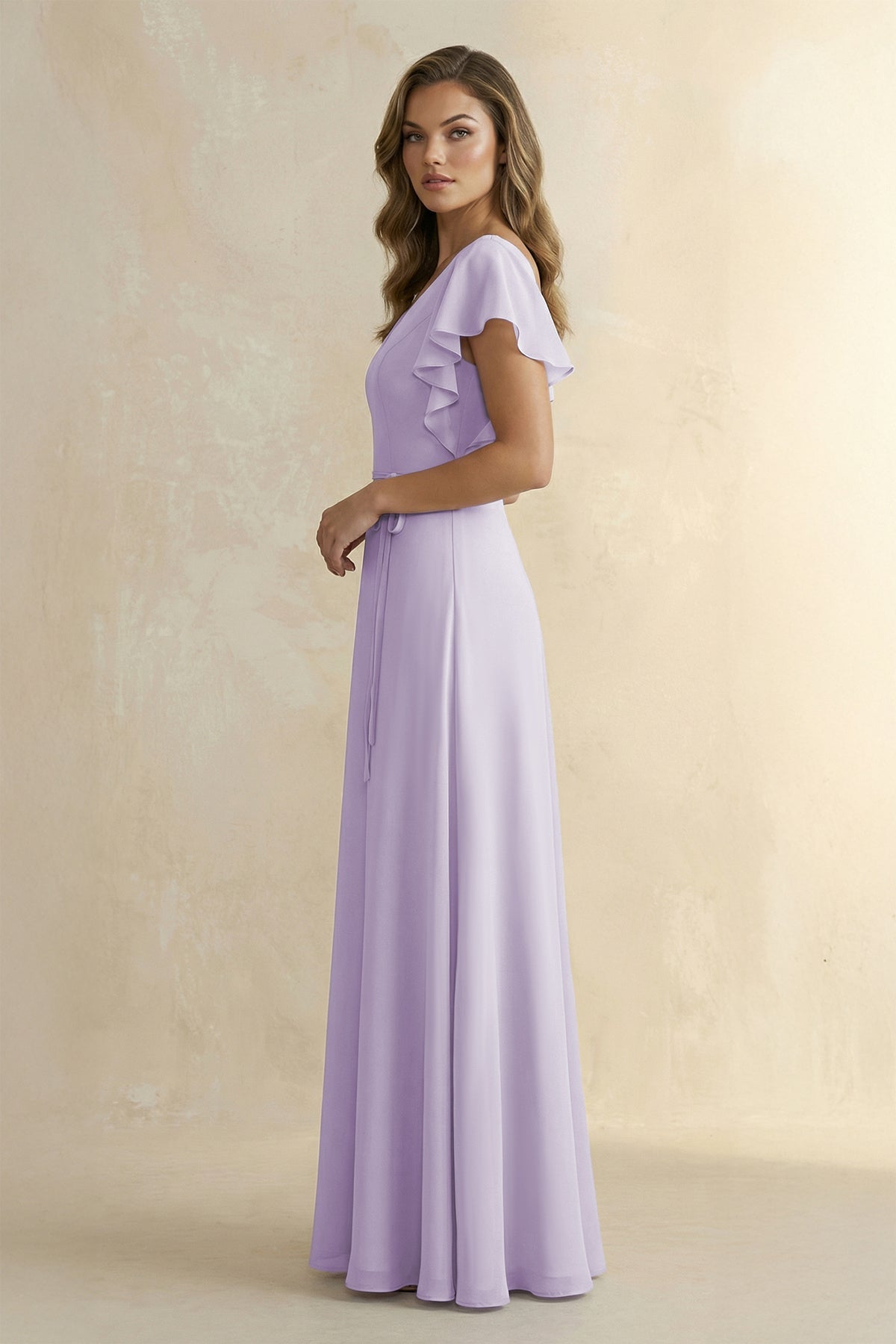 Robe demoiselle d’honneur lavande longue col V manches courtes effet drapé - Harana