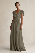 Robe demoiselle d’honneur willow green longue col V sans manches effet drapé - Harana