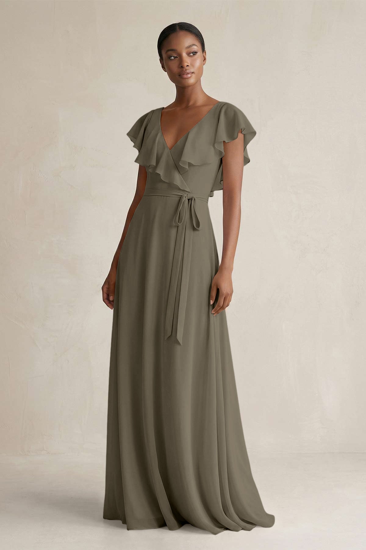 Robe demoiselle d’honneur willow green longue col V sans manches effet drapé - Harana