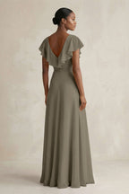 Robe demoiselle d’honneur willow green longue col V sans manches effet drapé - Harana