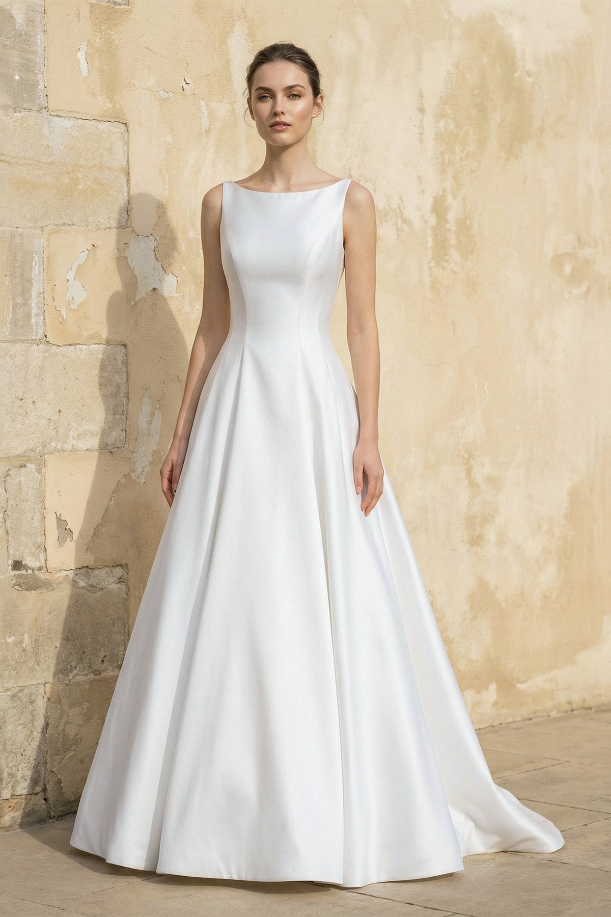Robe de mariée blanc longue sans manches avec nœud satinée - Harana