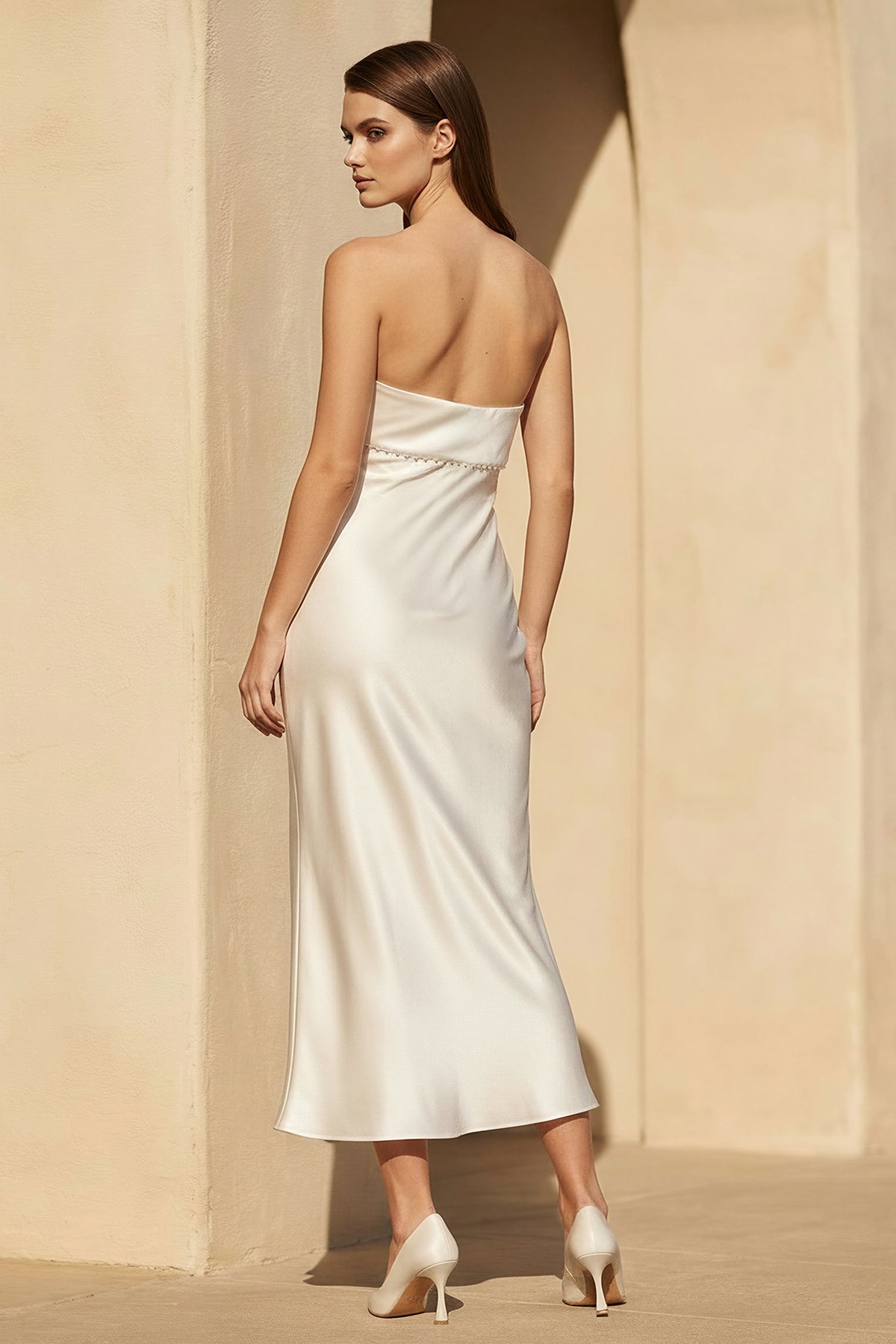 Robe midi champagne satinée - Harana