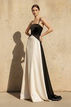 Robe longue black & ivory satinée à fines bretelles - Harana