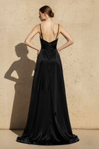 Robe longue black & ivory satinée à fines bretelles - Harana